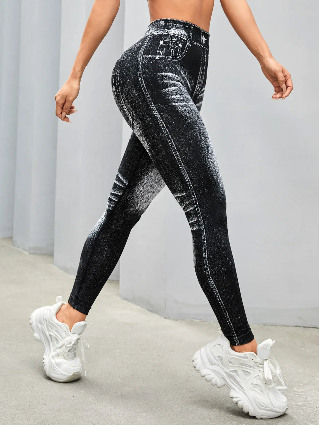 Women's Gym Printed Yoga Tight Pants Seamless High Waisted Denim-like Perforated Fake Pocket Tight Pants Yoga Fitness Leggings