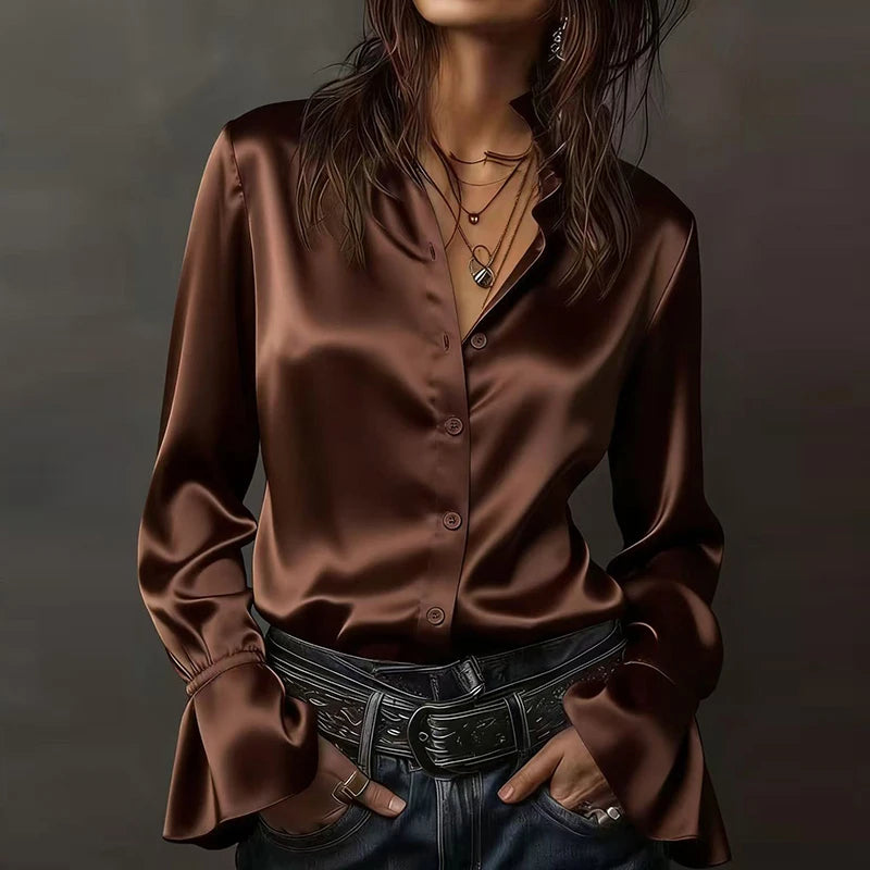 Elegant Blouses For Women Spring Autumn Satin Shirt Women Fashion Flare Long Sleeve Button Silk Blouse All Match Office Lady Top