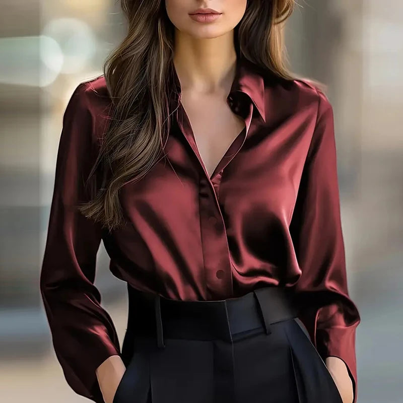 Elegant Blouses For Women Spring Autumn Satin Shirt Women Fashion Flare Long Sleeve Button Silk Blouse All Match Office Lady Top