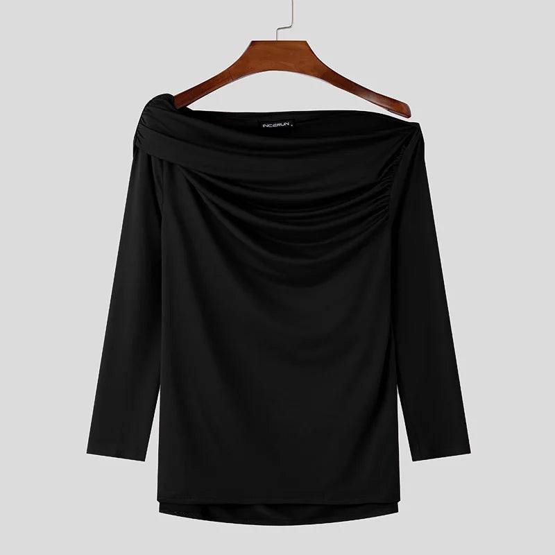 Sexy Fashion Style Tops INCERUN Men's Solid One-shoulder T-shirt Casual Clubwear Male Hot Sale Long Sleeved Camiseta S-5XL 2024
