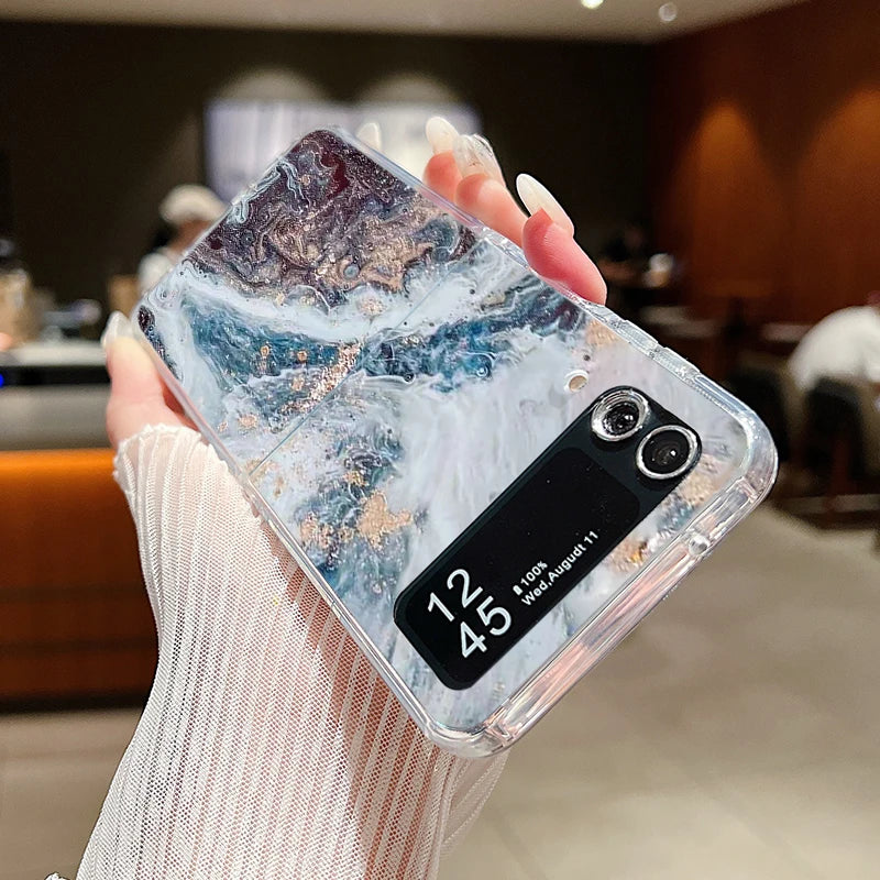 For Samsung Galaxy Z Flip 7 6 5 4 3 Case Watercolor Marble Pattern Hard Clear Folding Cover For Samsung Z Flip6 Flip5 Flip7