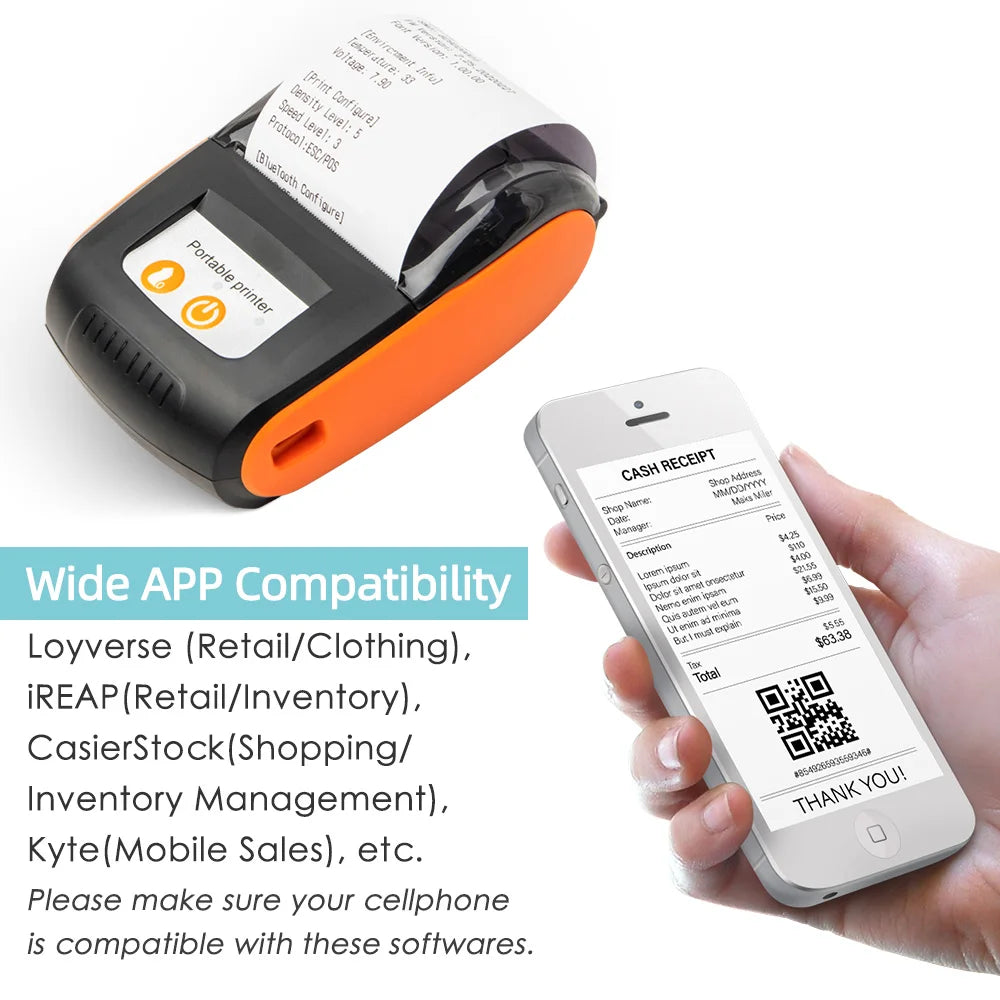 Portable Receipt Printer 58mm Mini Thermal Printing Wireless BT USB Mobile Printer w/ 2 Inch Thermal Paper Roll for Retail Store
