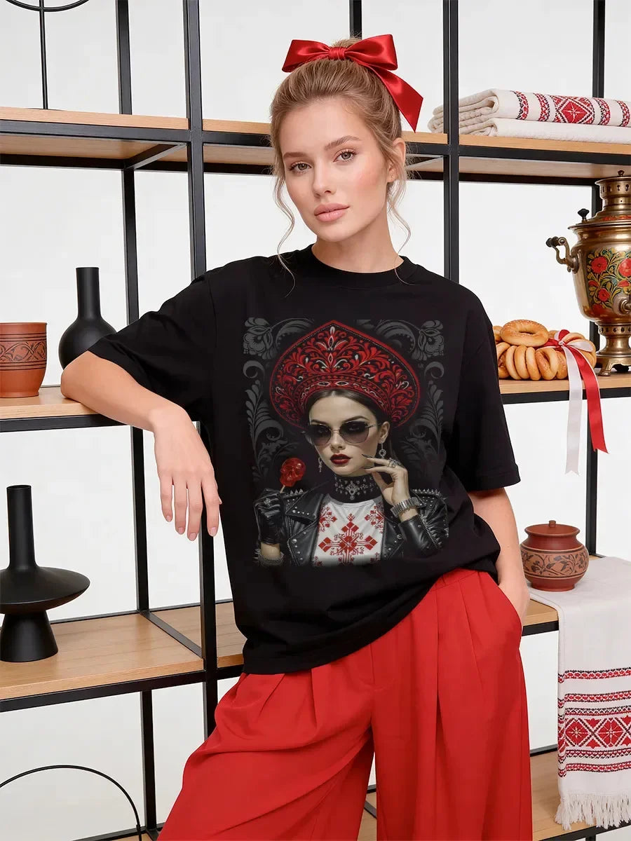 "Russian Girl" Graphic Oversized T-Shirt Modern Folk Art Print Soft Cotton Casual Tee Fashion Streetwear High Quality Summer Top