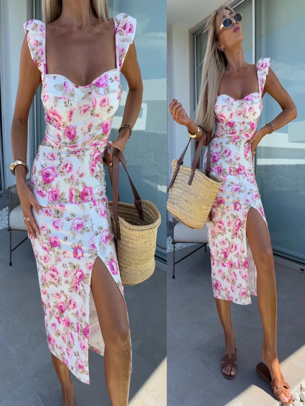 New European and American summer elegant design French flower suspender slit midi-length ladies dress