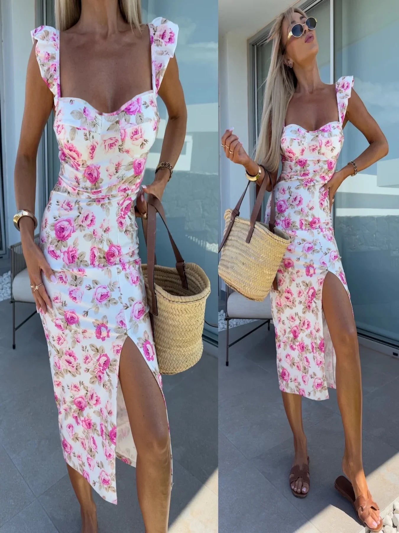 New European and American summer elegant design French flower suspender slit midi-length ladies dress