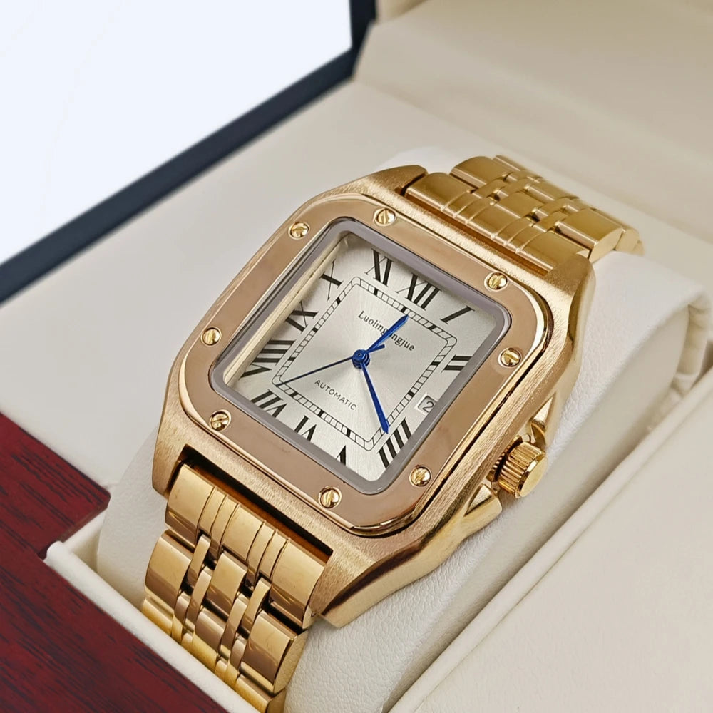 New Genuine High-Quality Square Men's Mechanical Watch, Automatic Winding, Skeleton Design, Stainless Steel Strap, with Calendar Display, European and American Style Tank Series, Fashionable Business Casual Stylish Handsome S