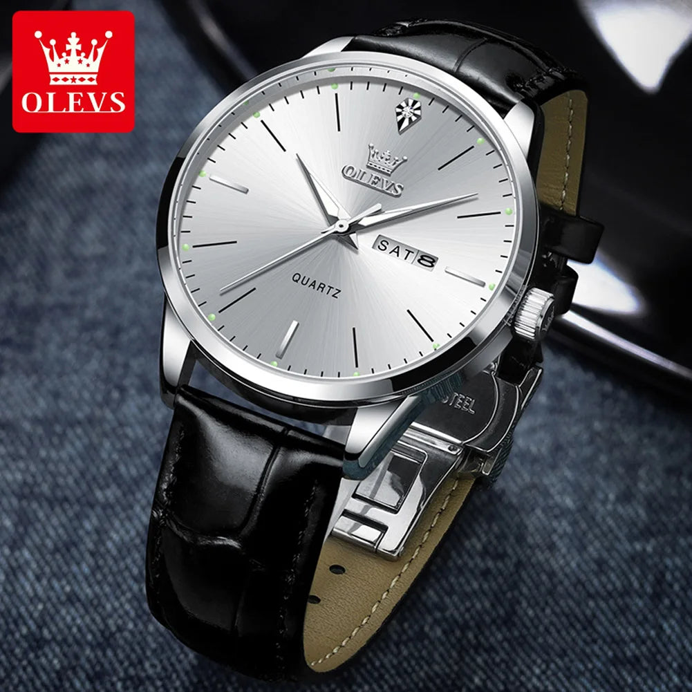 OLEVS 2935 Original Business Men Watch Leather Strap Trend Week Calendar Quartz Watch Luminous Waterproof 43mm Dial wristwatch