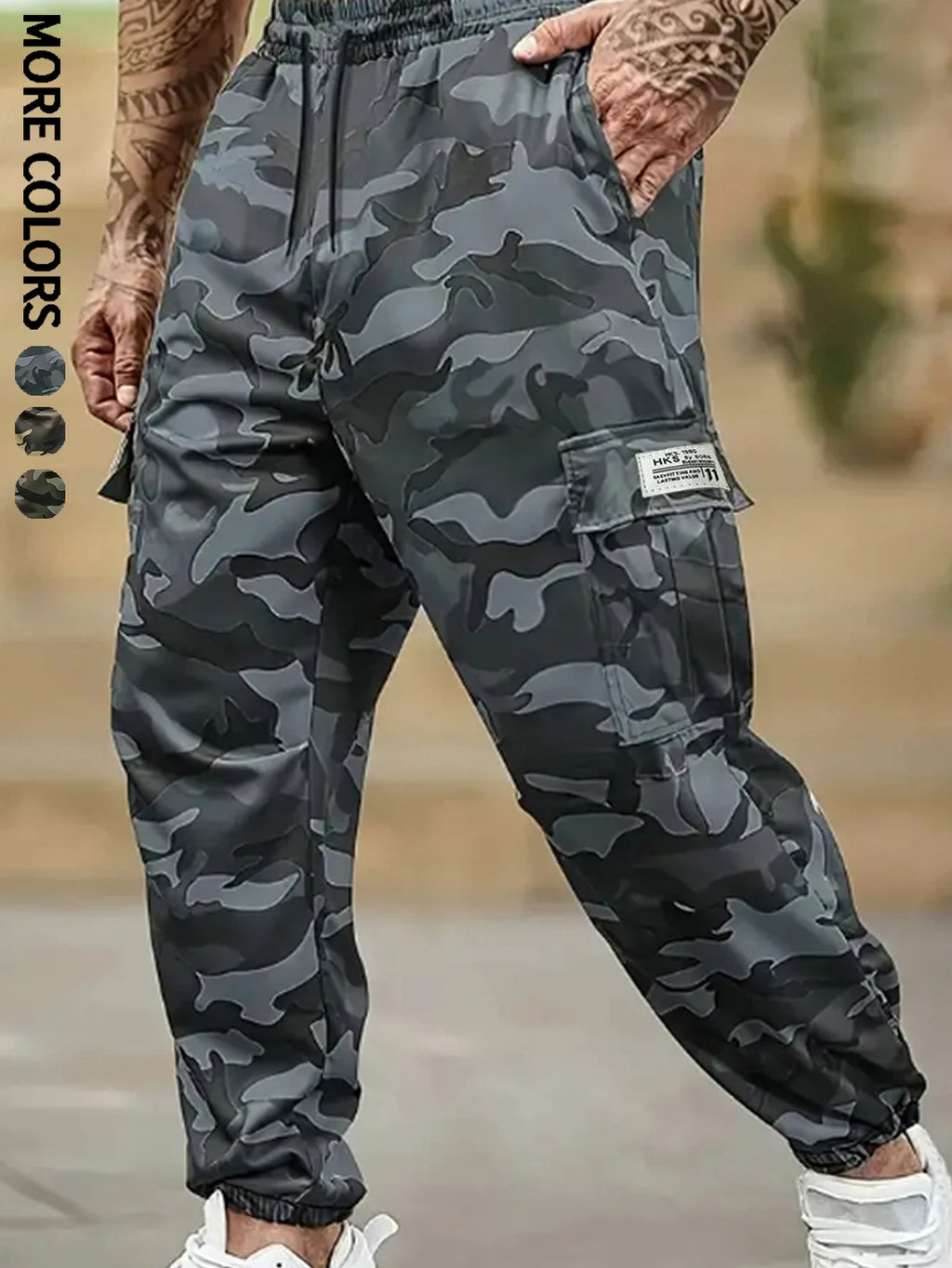 Men's Plain Sports and Casual Trousers with Drawstring Elastic Waist, Camouflage, with Pockets, Suitable for Outdoor Camping, Hiking and Mountaineering, Exercise and Fitness