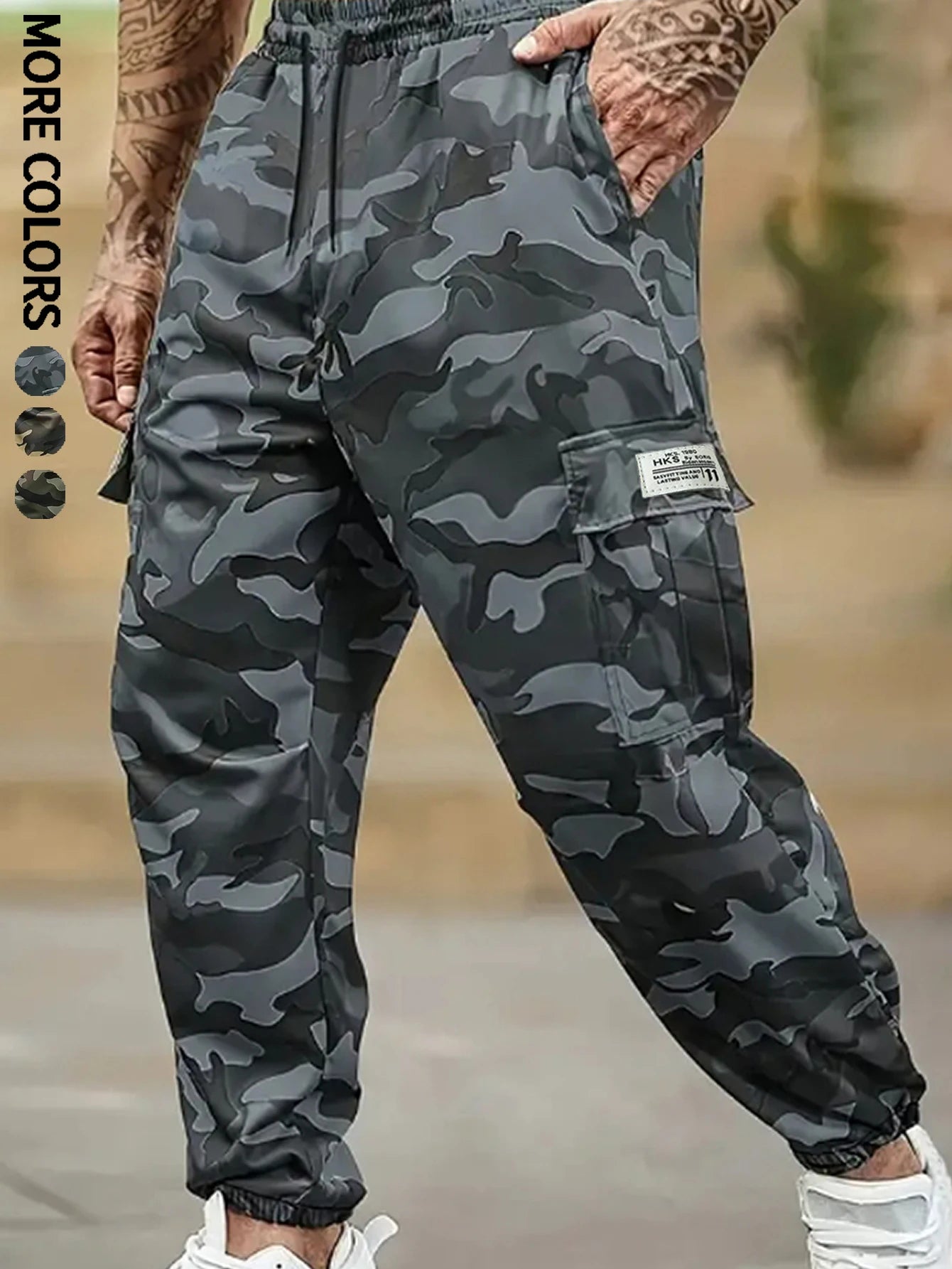 Men's Plain Sports and Casual Trousers with Drawstring Elastic Waist, Camouflage, with Pockets, Suitable for Outdoor Camping, Hiking and Mountaineering, Exercise and Fitness