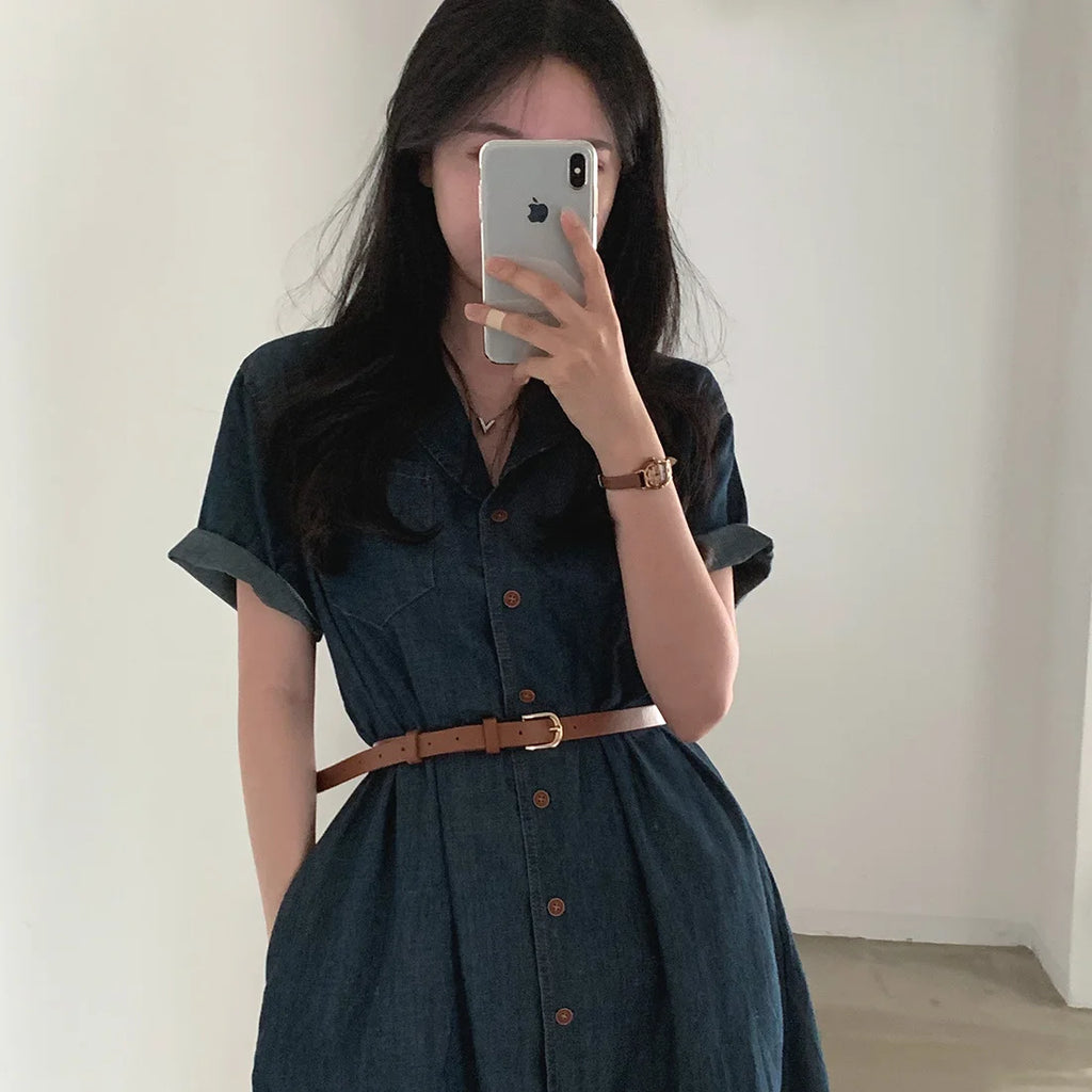 Slimming Chic Retro Chic Long Dr with Belt High Waist A-Line Skirt ort Sve Korean Sle Commute Dr Denim Dr