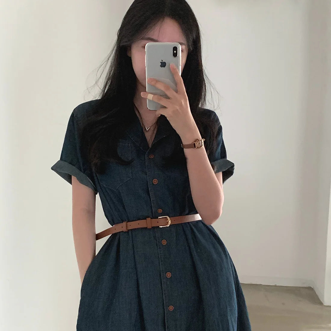 Slimming Chic Retro Chic Long Dr with Belt High Waist A-Line Skirt ort Sve Korean Sle Commute Dr Denim Dr