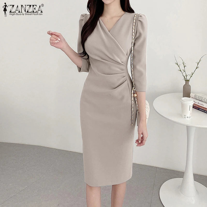 ZANZEA Autumn Women Elegant V Neck Bodycon Dress Ladies Party Club Dresses Fashion Work OL Vestidos 2024 Spring Women's Clothing