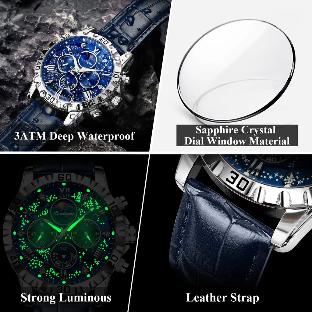 POEDAGAR Original Military Man Wristwatch Waterproof Luminous Chronograph Leather Strap Watches For Men Quartz Men's Watch Reloj