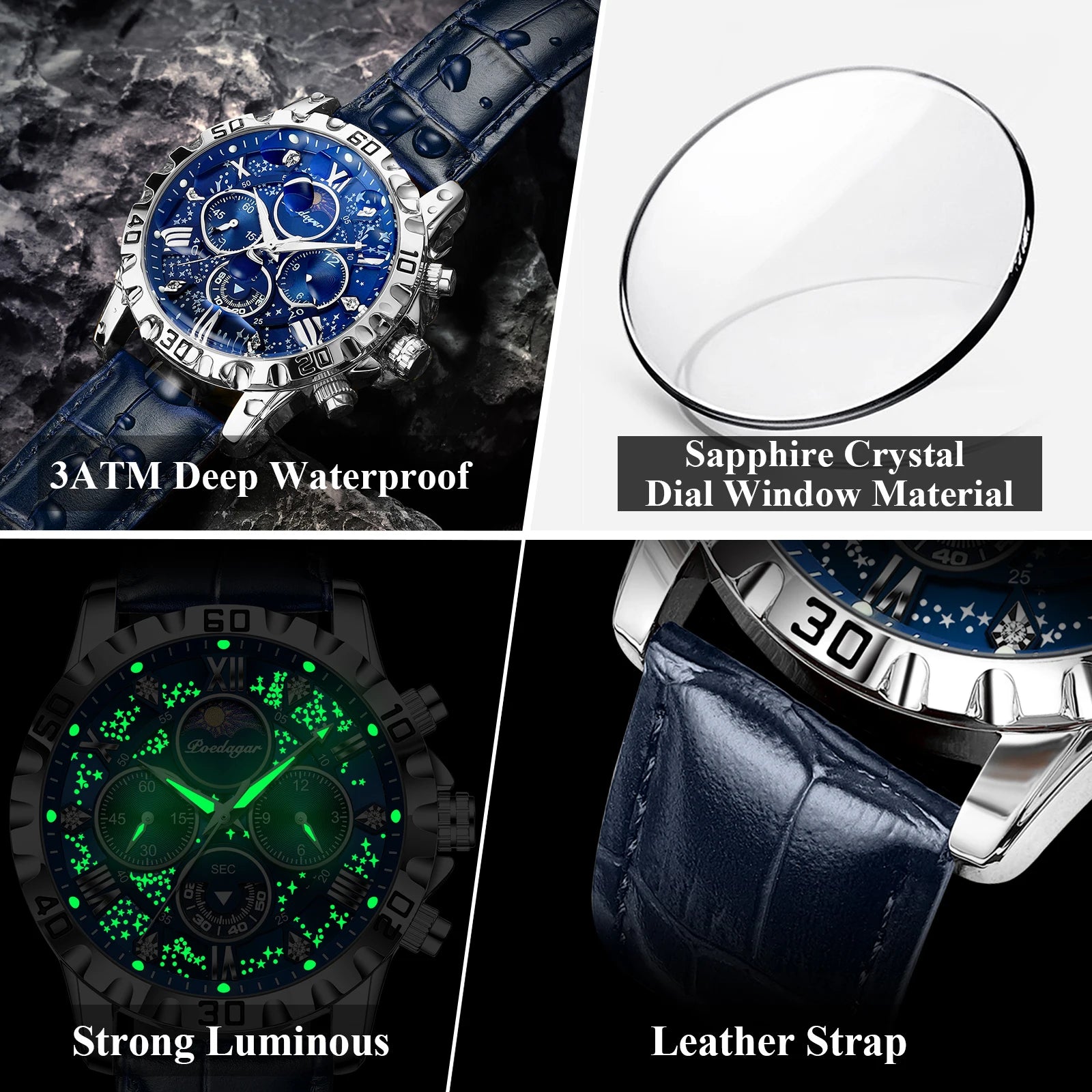 POEDAGAR Original Military Man Wristwatch Waterproof Luminous Chronograph Leather Strap Watches For Men Quartz Men's Watch Reloj