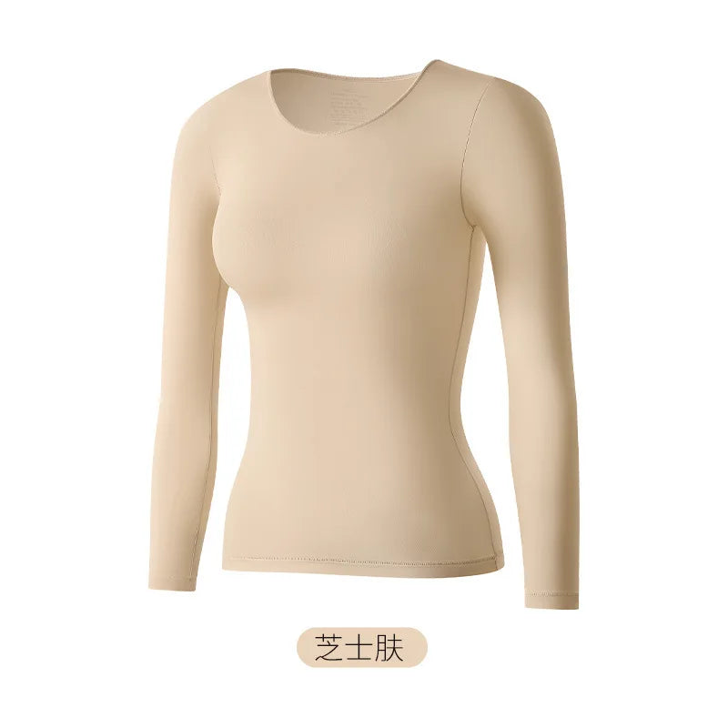Women's Ultra-Thin Seamless Thermal Underwear High-Elasticity Warm Vest Slim Fit Top Casual Long Sleeves Lightweight Sleepwear