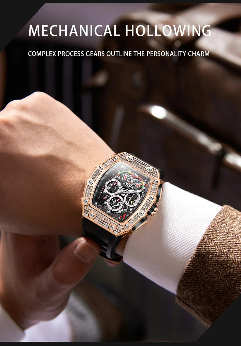 2022 New Men's Automatic Mechanical Watch ONOLA Fashion Unique Luxury Diamond Inlaid Design Waterproof Silicon Tape Watches Men