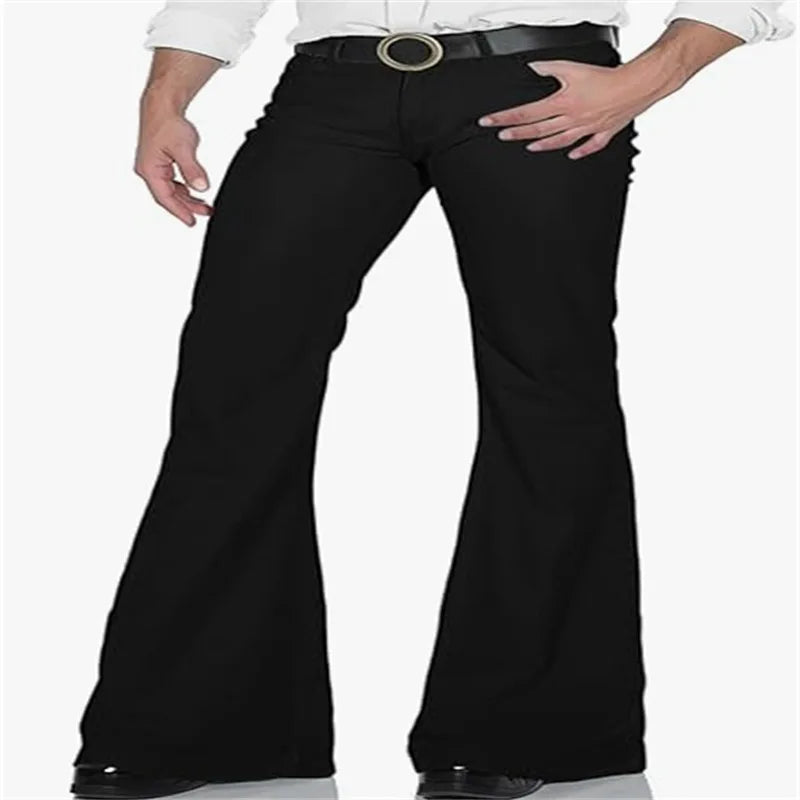2026 Fashion Men's Vintage Disco Flared Pants Solid Stretch Slim Fit Trousers Hippie Style Casual Wide Leg Pants Male Streetwear