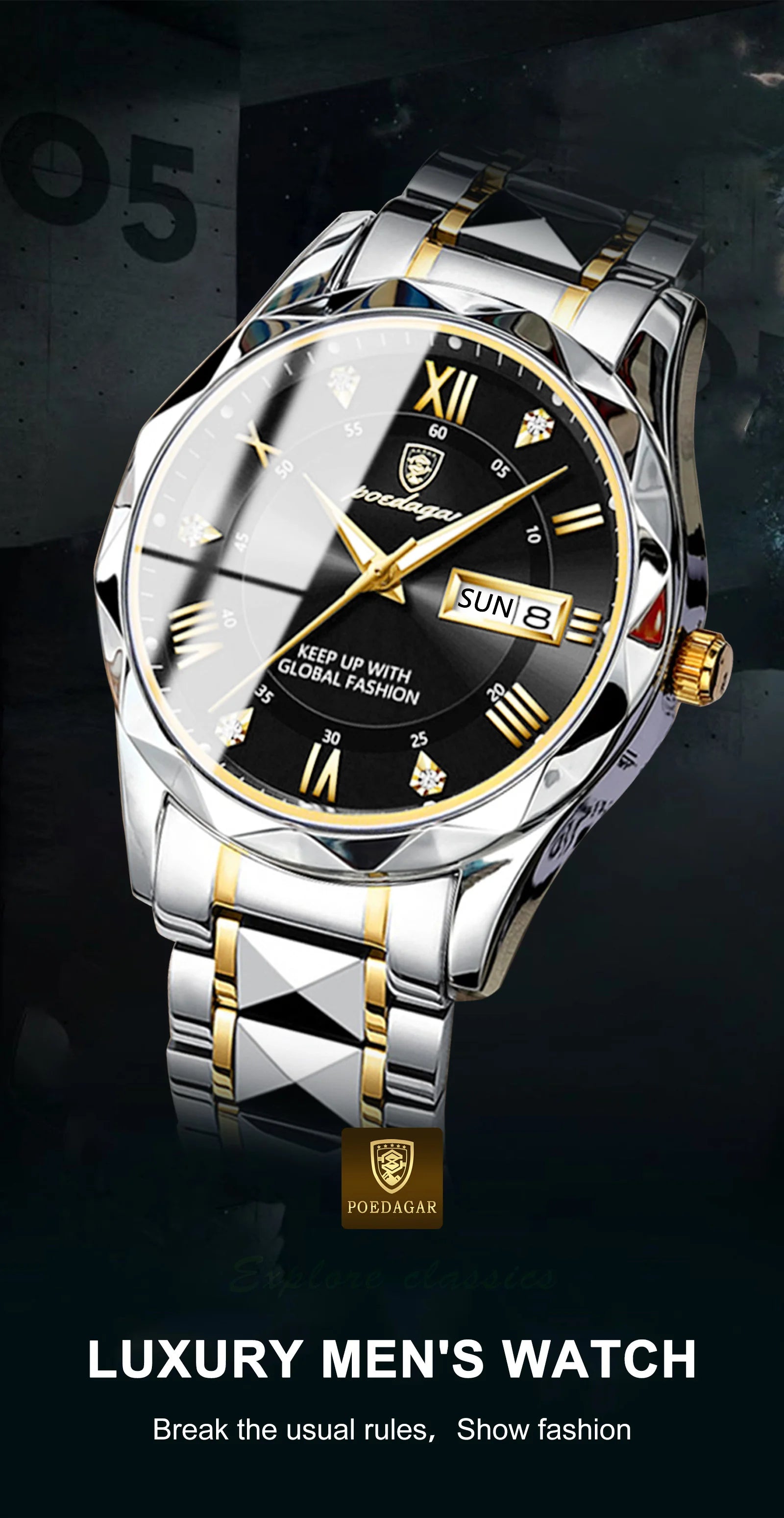 POEDAGAR Luxury Brand Men's Watches Waterproof Stainless Steel Luminous Man Wristwatch Date Week Quartz Business Men Clock Reloj