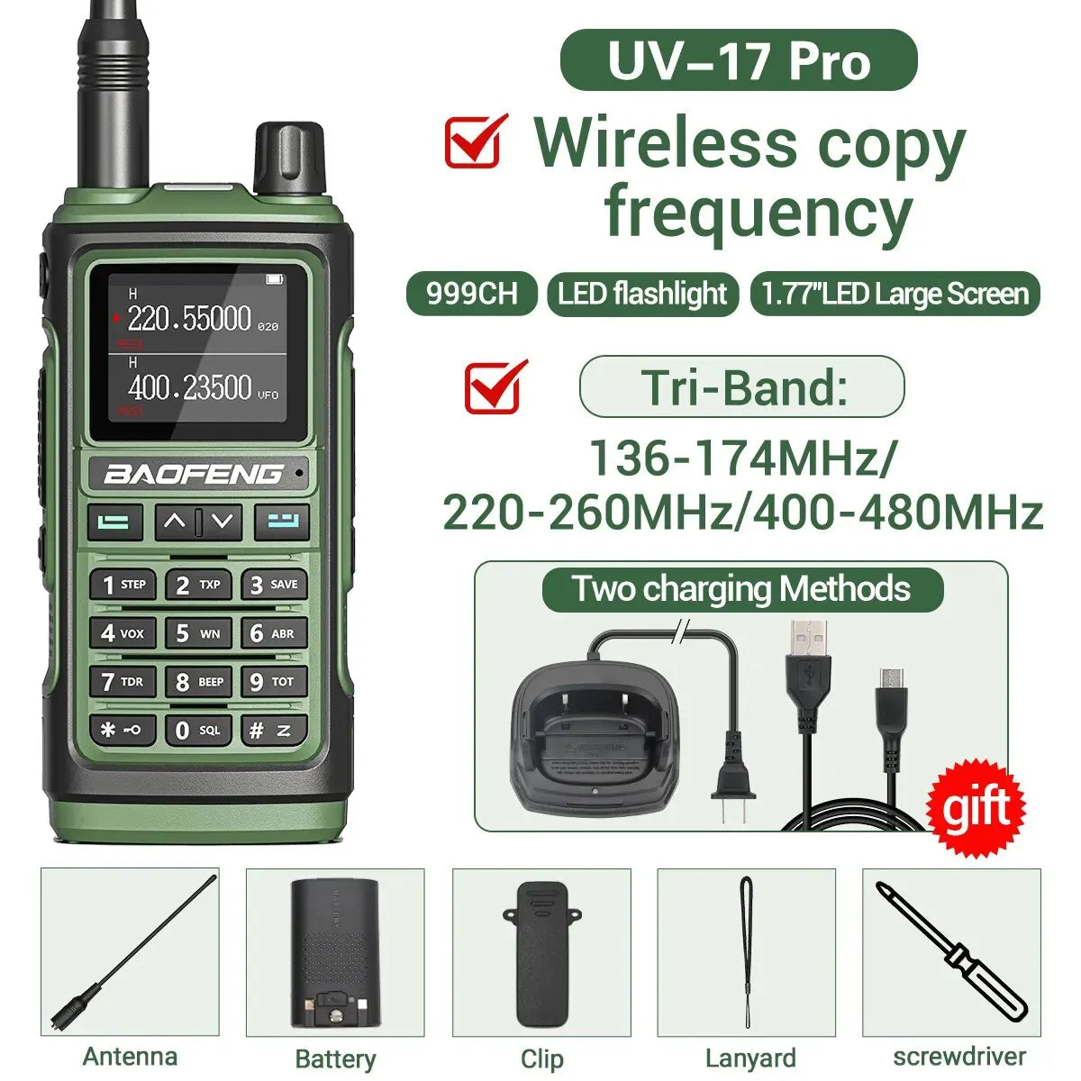 Baofeng UV 17 Pro Wireless Copy Frequency Walkie Talkie 16 KM Long Range Flashlight Type-C Charger Ham Radio UV 17 Pro L K5 5R