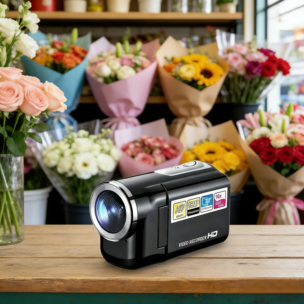 MiniDV Digital Video Handheld Camcorder is a high-definition camcorder with a sleek silver designdigital zoom