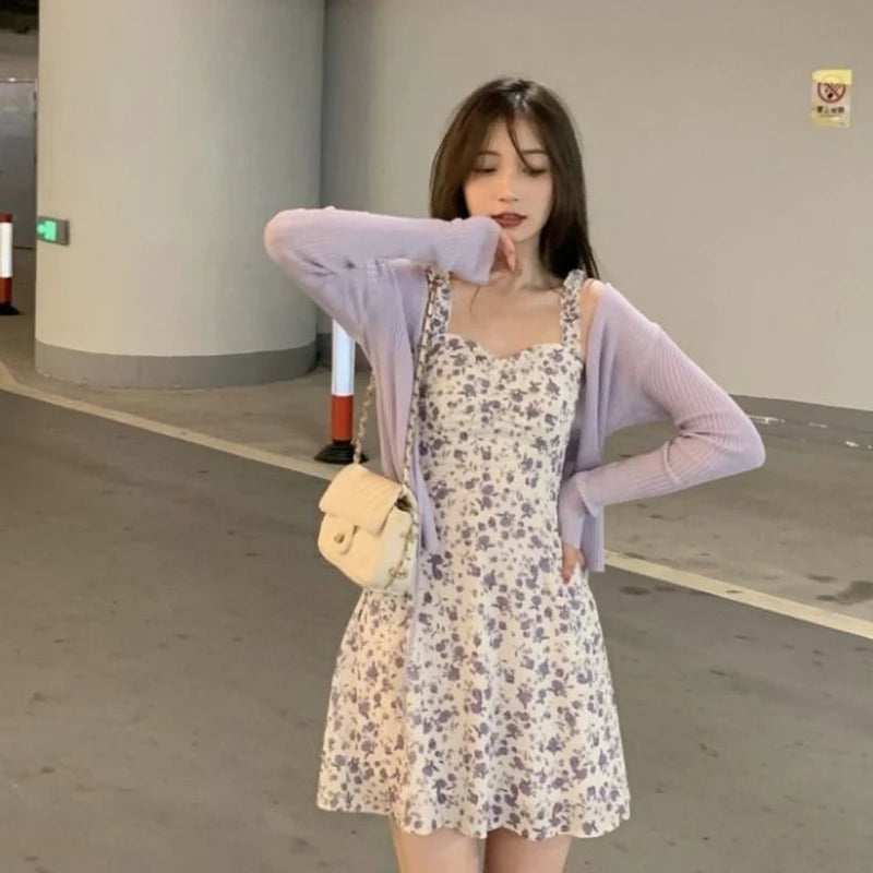 Lucyever Summer Purple Two-piece Sets Dress for Women Floral Slip Mini Dress+Sunscreen Shawl Cardigan Woman 2022 New Sundress