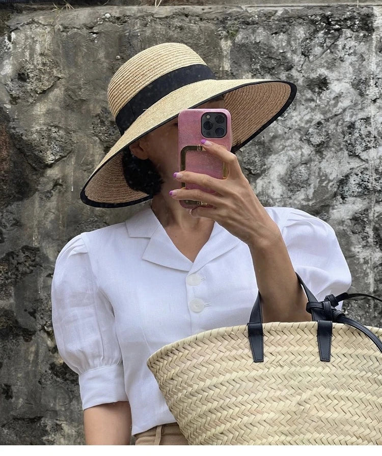 Wide-Brimmed Black-Trimmed Straw Hats for Women Summer Vintage French Elegant Hepburn Wide-Brimmed Woven Beach Caps Casquette