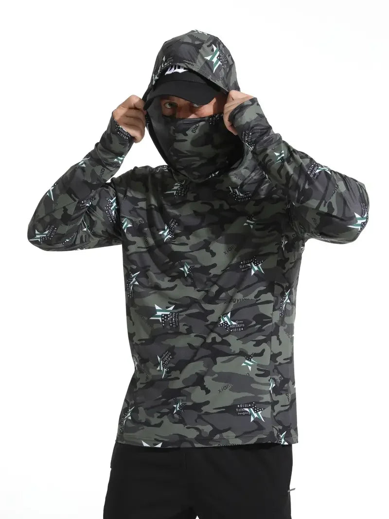 2024 Hooded Face Mask Sun Protection UV Protection Grey camouflage Long Sleeved Hiking Sportswear Fishing Suit