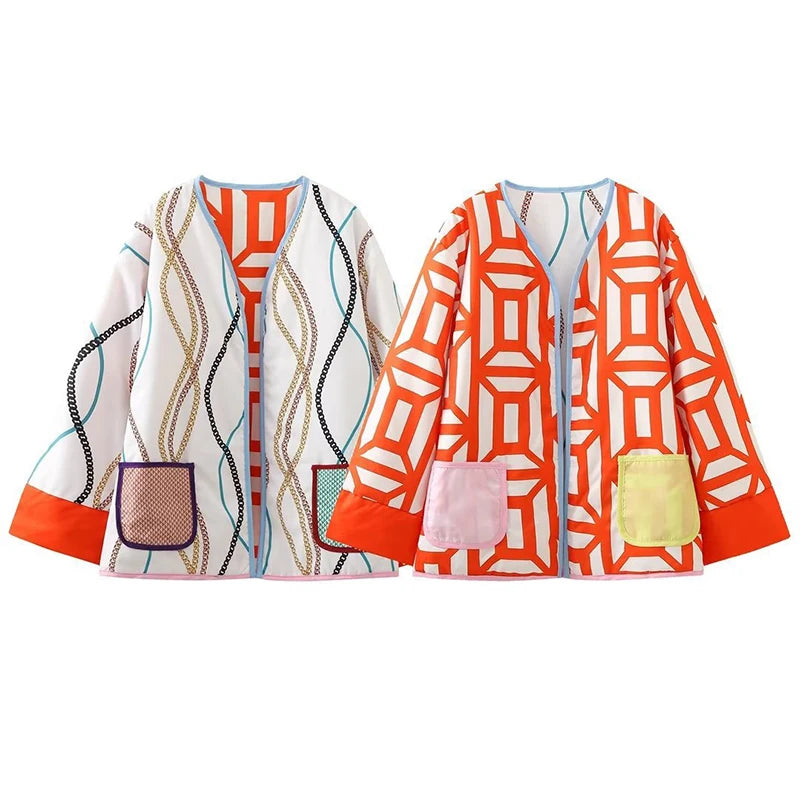 New Printed Pocket Wide Sleeved Ladies Outwear Loose Fashion Women's Double Sided Jacket 2023 Chic Casual Party Street Wear