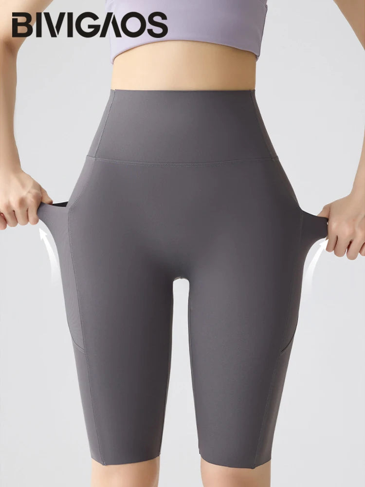 BIVIGAOS Summer Pocket Yoga Sharkskin Bicycle Shorts Women Thin High Waist Push Up Naked Feeling Sports  Fitness Cycling Shorts