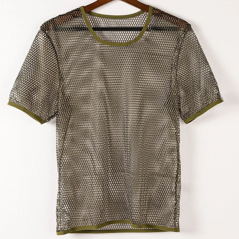 Summer Men's T Shirts Mesh Hollowed Sheer Short-Sleeved Breathable Blouse Sports Streetwear Shirt Fitness Transparent Tee Shirts