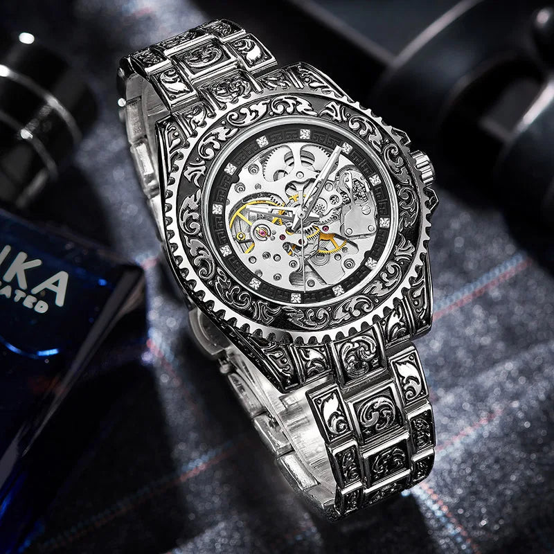 UTHAI M11 New Men watch hollowed out retro carved automatic mechanical watch cool clock gift，watches for man