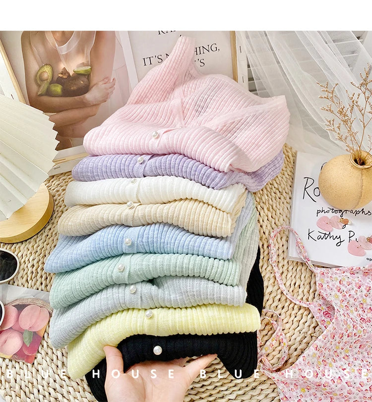 2026 Spring Summer Gentle Ruffle Trim Long Sleeve Ice Silk Sunscreen Knitted Cardigan Women Short Pearl Button Thin Casual Coat
