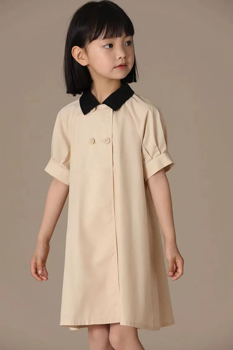 Girls Dress 2025 Spring Summer New Simple Temperament Cotton Contrasting Turn-down Collar Double Breasted Short Sleeved Dress