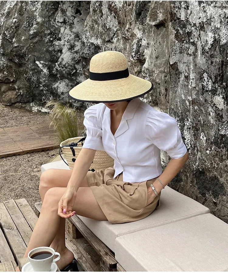 Wide-Brimmed Black-Trimmed Straw Hats for Women Summer Vintage French Elegant Hepburn Wide-Brimmed Woven Beach Caps Casquette