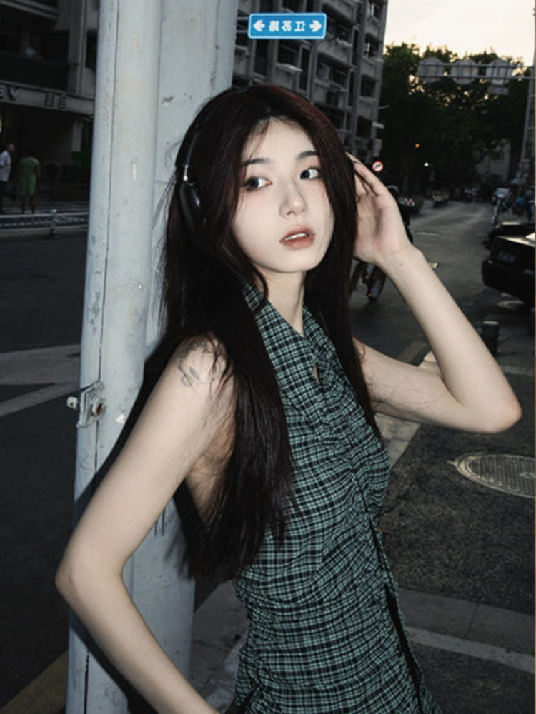 MEXZT Y2K Plaid Tanks Tops Women Vintage Sexy Halter Camis Summer Gyaru Harajuku Aesthetic Sleeveless Casual Design Clothes New