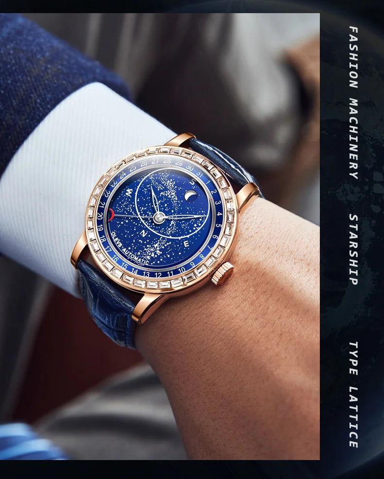 OLEVS 9923 Mens Watch Luxury Original Automatic Mechanical Watch Leather Strap Waterproof Luminous Starry Dial Watch For Men