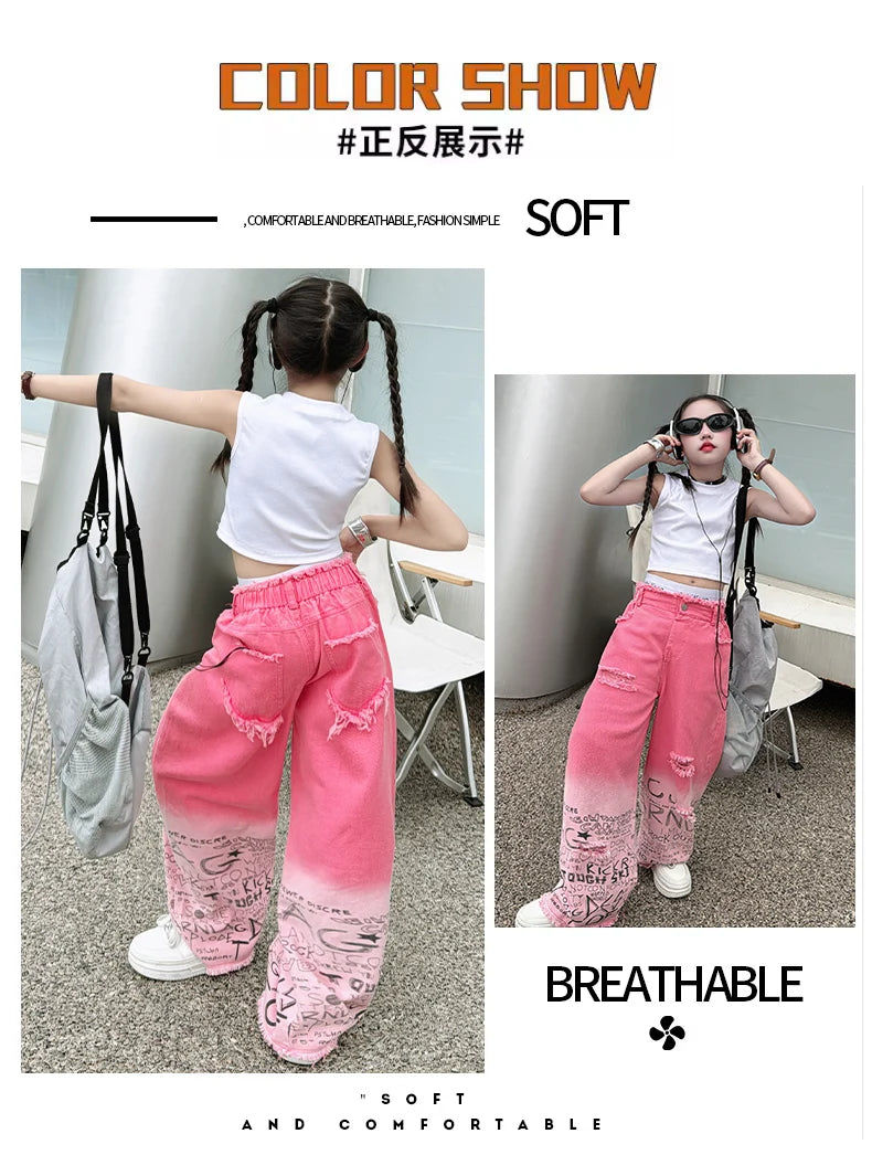 junior girls pink gradient color hole wide leg jeans cotton teenager kids Mop pants pant children trousers adolecentes 4 12 14