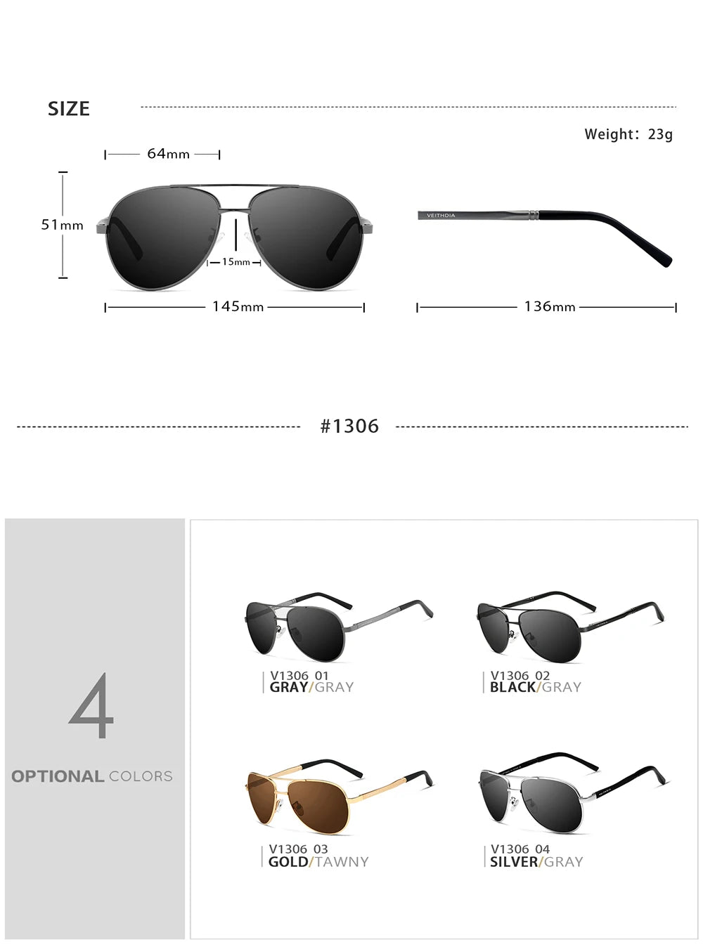 VEITHDIA Brand Sunglasses Men Polarized UV400 Sun Glasses Outdoor Sports Driving Male Women Eyewear Accessories For Female 1306