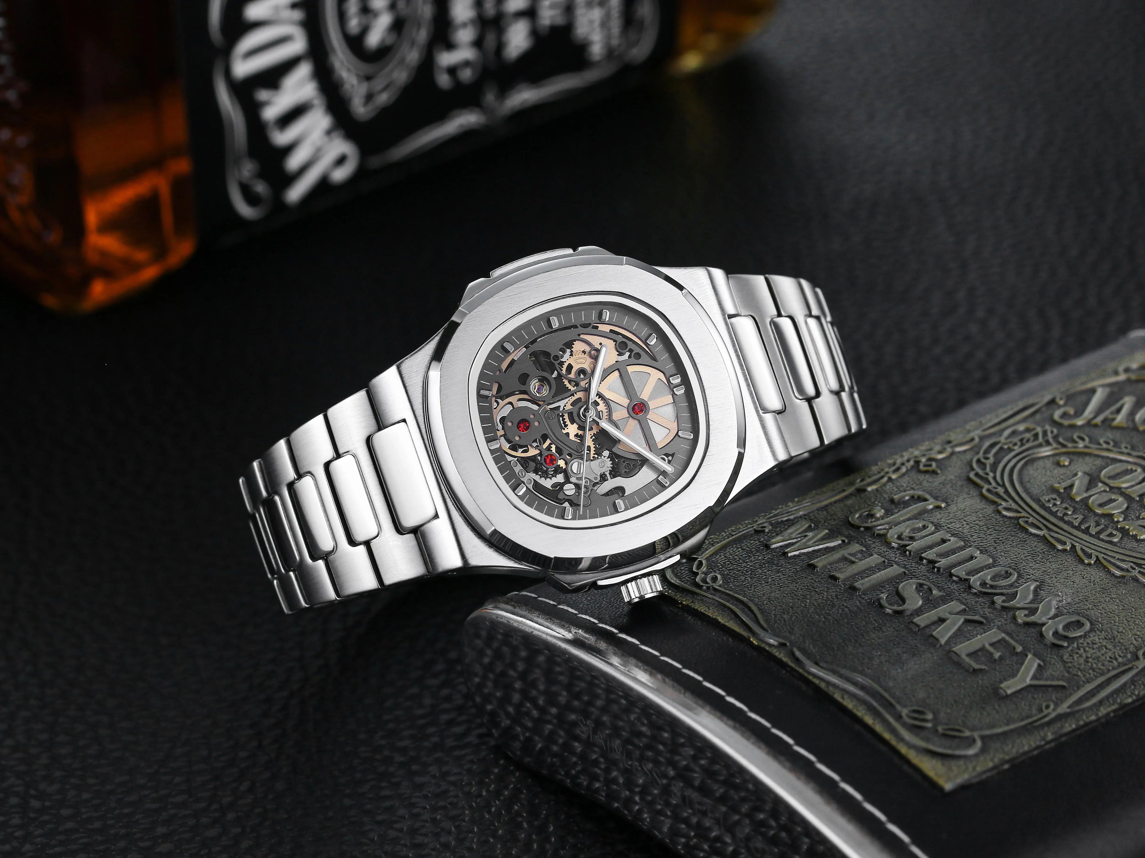 Power Reserve Mechanical Men Wristwatch Skeleton Stainless Steel Powerful Automatic Watches Square Waterproof Hand Clock Gift