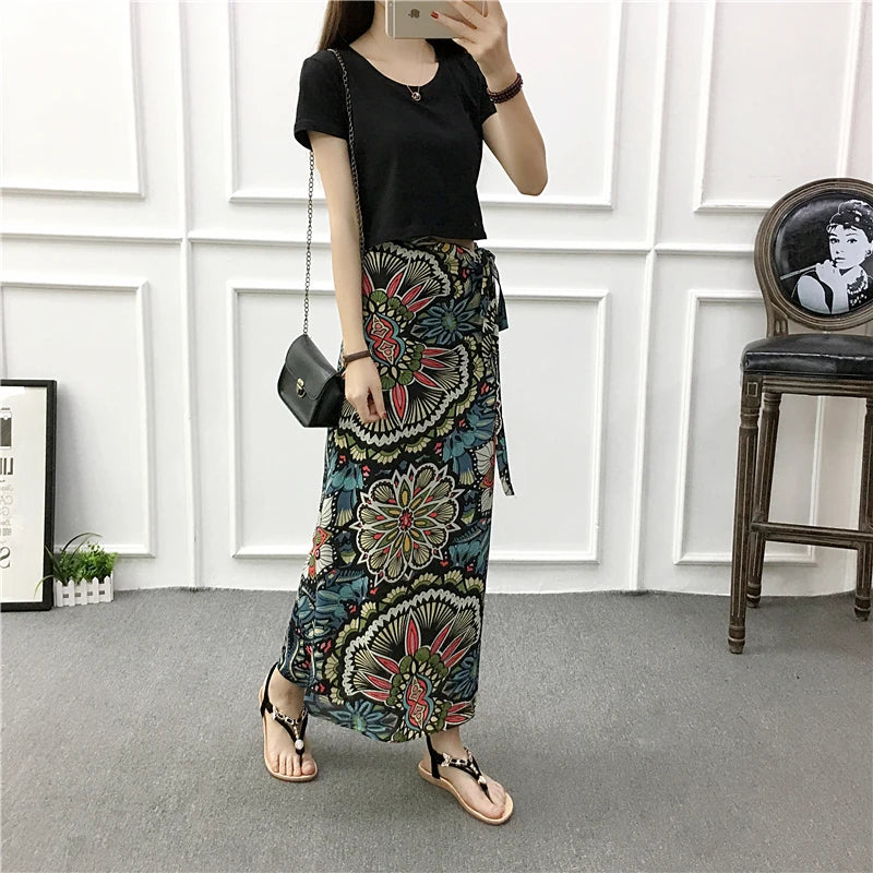 Vacation Style Wrap Skirt Beachside Long Skirt Women's High Waist A-Line Midi Skirt Floral Print One-Piece Summer Spring
