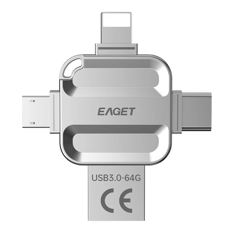 EAGET 4-in-1 OTG USB 3.0 Flash Drive[32GB/64GB/128GB/256GB] Type C Lightning Micro USB for iPhone Android, Memory Stick - i71