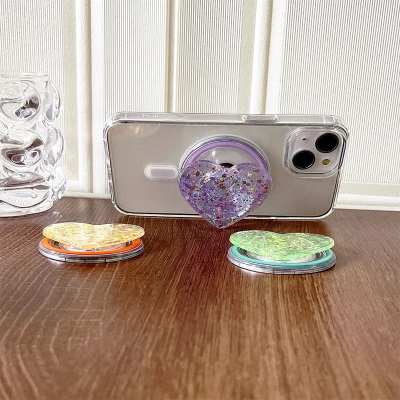Stylish Glitter Sequins Love Heart Smart Tok For Magsafe Magnetic Phone Griptok Grip Tok Stand Universal Phone Smart Tok Holder