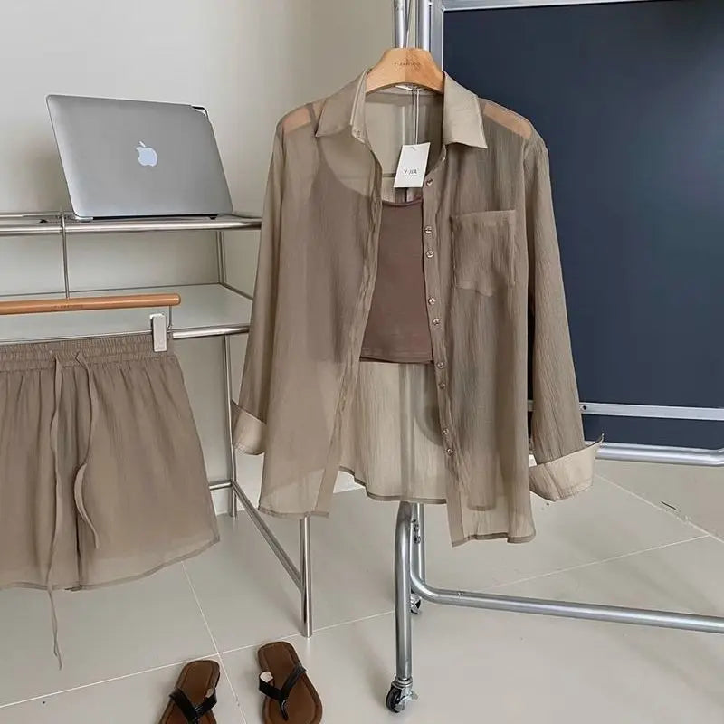 Women's three-piece summer new thin sunscreen shirt top+slim suspender vest+loose Joker shorts.
