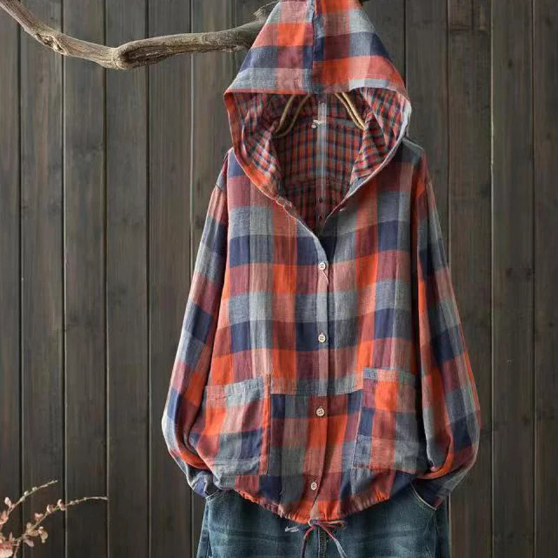 Large size blouses for women autumn hooded long sleeve single-breasted plaid shirts cotton checkered oversized shirt outwear
