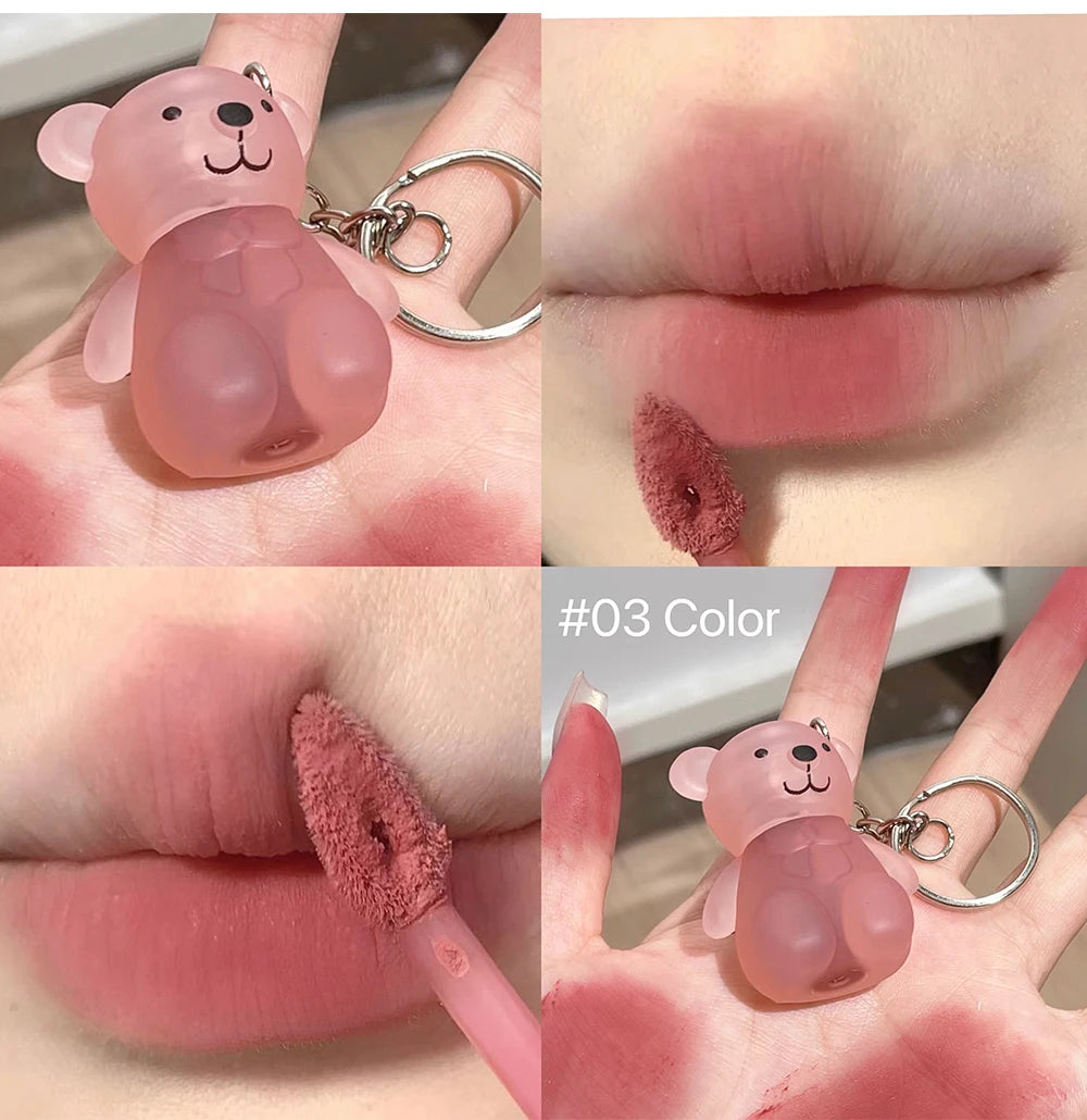 ART VALUE Cute Bear Liquid Lipstick Keychain Matte Nude Sexy Red Lipgloss Lasting Non-stick Cup Lipstick Makeup Lip Stain Tint