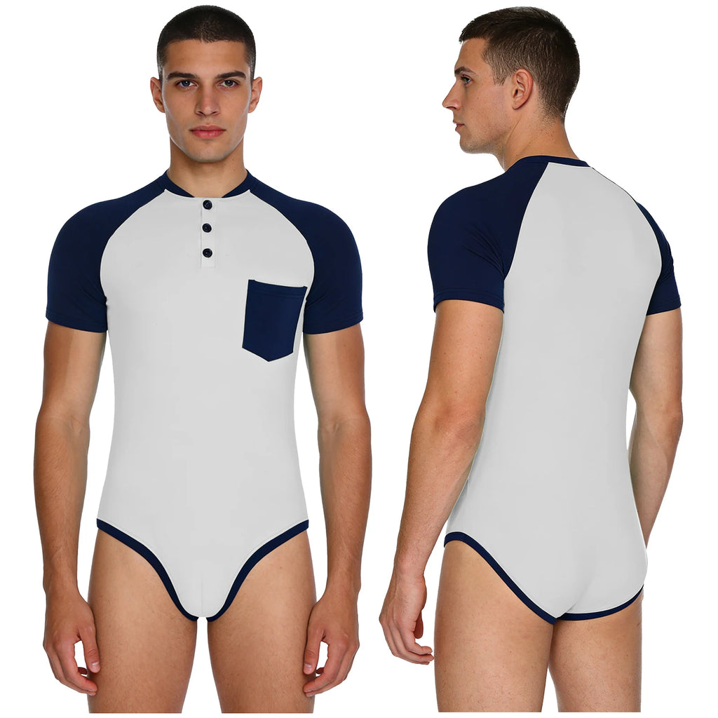 Men Workout Fitness Gym Sport Bodysuit Short Sleeve Openable Crotch Patchwork Jumpsuit for Workout Gym Sports Swimming Outfits