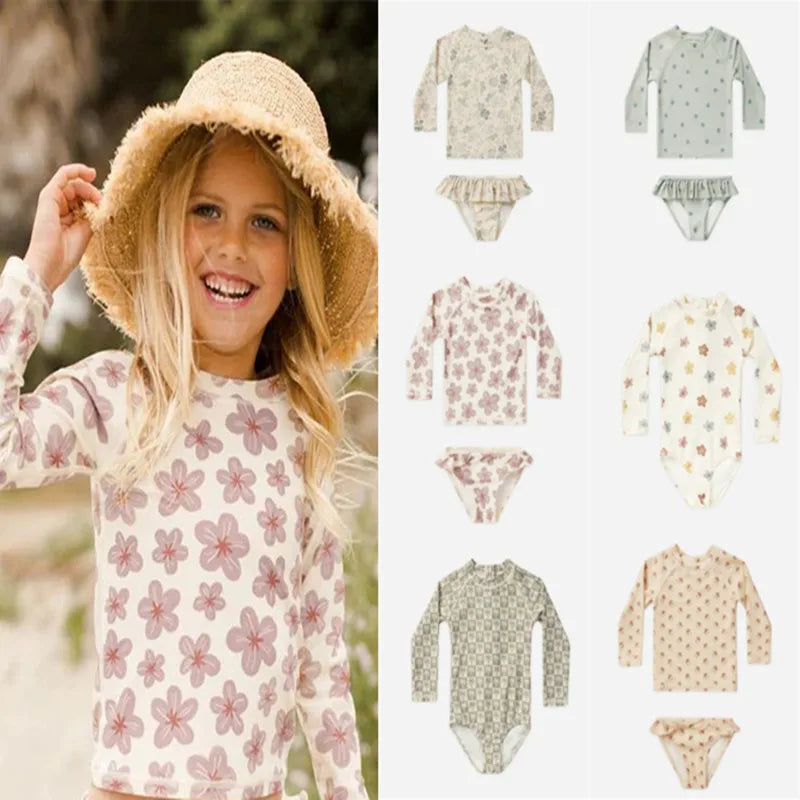 2026 Summer RC Baby Girls Long Sleeve Swimwears Floral Swimsuit Kids Bikini Set Girls Sunscreen Bodysuit One-piece Suits 1-12Y