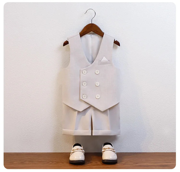 JUCPKID Kids Boys Summer Vest Shorts Suit Formal Elegant Children Boys Wedding Suit Junior Boys Blue Gray Short-sleeved Vest Set