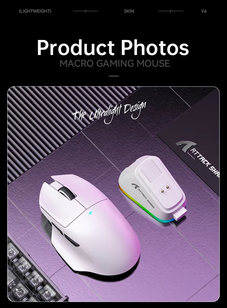 V6 ATTACK SHARK 25000DPI Wireless Mouse,Bluetooth Tri-Mode Connection,Touch Magnetic Charging Base , Macro Gaming Mouse