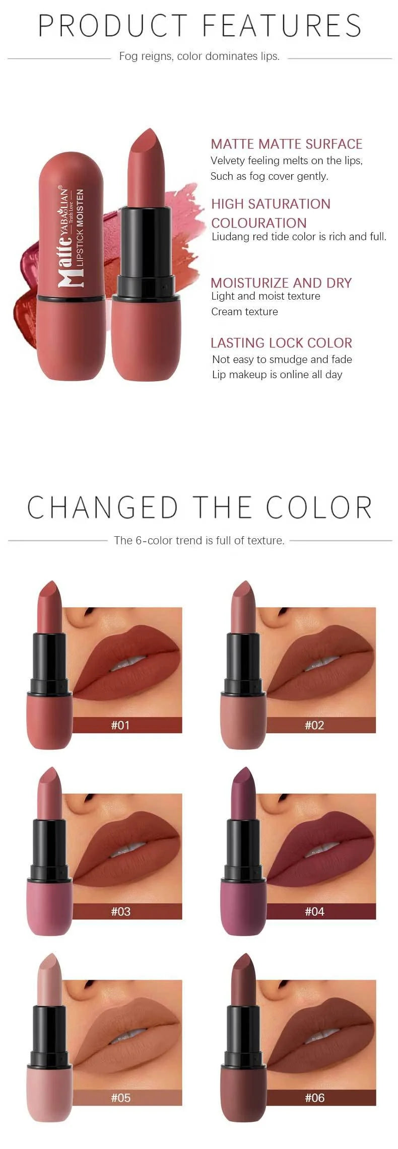 6 Colors Sexy Matte Lipstick Waterproof Long Lasting Color Rendering Non-stick Nude Brown Lipstick Pencil Woman Makeup Cosmetics